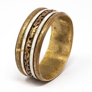 Vintage Brass Bangle Bracelet with Mother of Pearl Inlay and Filigree Design
